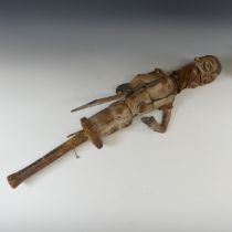 Tribal art; an early 20th century Ogoni (Nigeria) wooden Puppet, with turning head, articulated arms