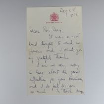 H.M Queen Elizabeth II; A handwritten Letter dated 2nd May 1958, on Windsor Castle headed note paper