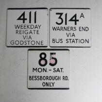 Bus and Coaching Memorabilia; Three London Transport enamel Bus Stop E-Plates, Route No. 411 Weekday