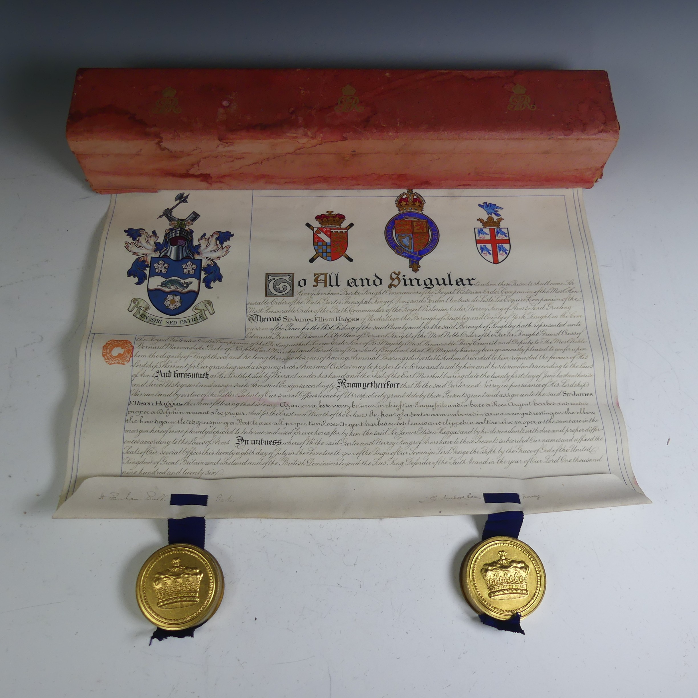 H.M King George V Grant of Arms  illuminated scroll, to Sir James Ellison Haggas (1849-1939), with