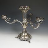 A 19thC silver plated Epergne / Centrepiece, with foliate pierced splayed centre, missing glass, and