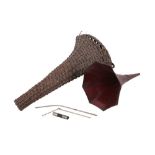 A Red Gem Edison Ghramophone Horn With Rare Wicker Travelling Basket