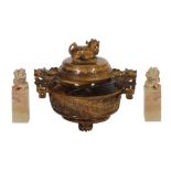 CARVED TIGERS EYE INCENSE BURNER AND HARDSTONE SEALS