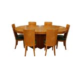 AN ART DECO SATIN BIRCHWOOD DINING TABLE AND CHAIRS