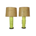 PAIR OF GREEN CERAMIC CANISTER TABLE LAMPS