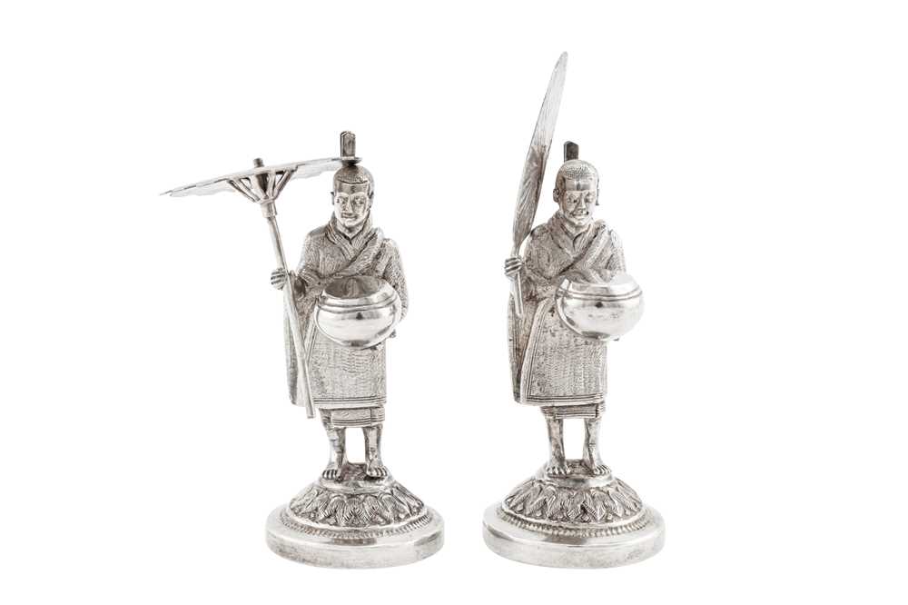 A pair of late 19th / early 20th century Burmese unmarked silver menu holders, Rangoon circa 1900