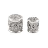 Two late 19th / early 20th century Anglo – Indian unmarked silver dressing table jars, Madras circa