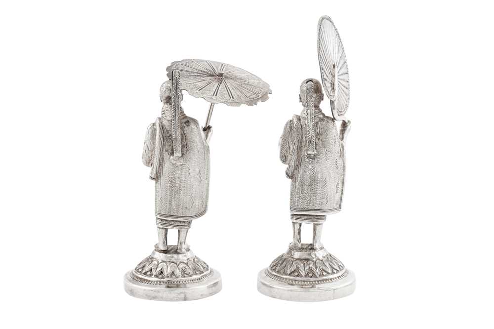 A pair of late 19th / early 20th century Burmese unmarked silver menu holders, Rangoon circa 1900 - Image 2 of 3