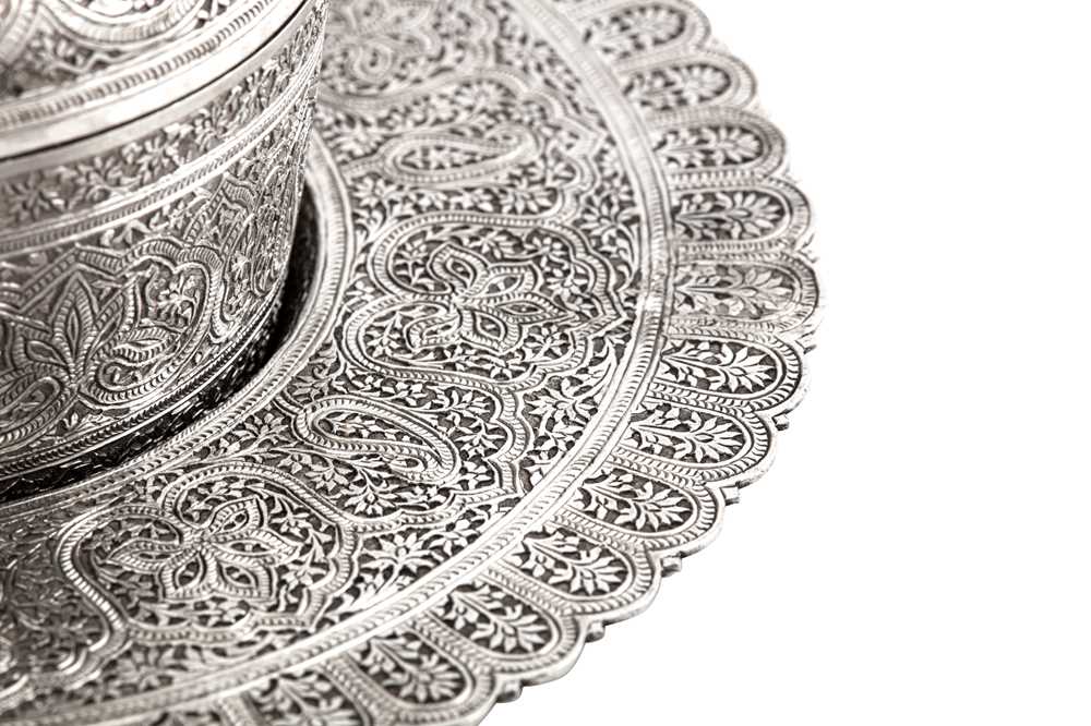 A rare mid to late 19th century Anglo - Indian silver butter dish on stand, Kashmir circa 1870 - Image 7 of 8