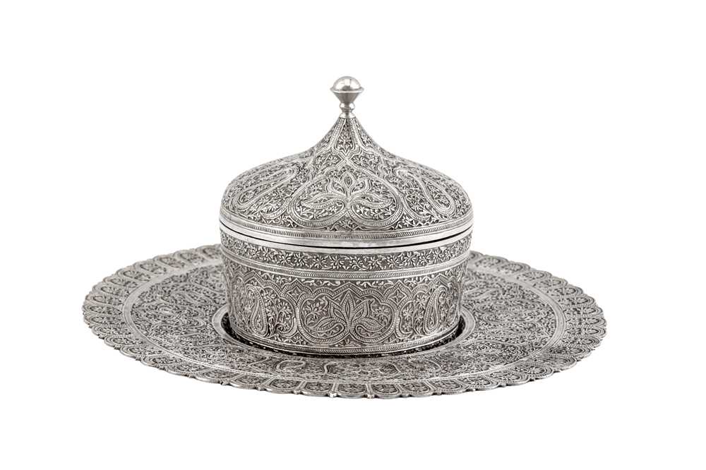 A rare mid to late 19th century Anglo - Indian silver butter dish on stand, Kashmir circa 1870 - Image 4 of 8