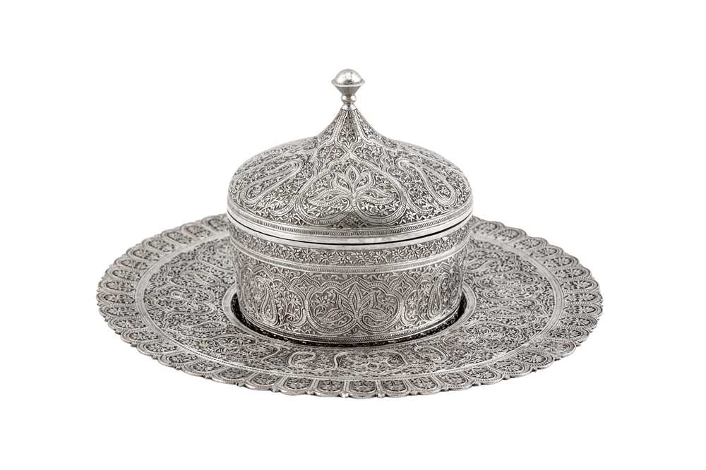 A rare mid to late 19th century Anglo - Indian silver butter dish on stand, Kashmir circa 1870