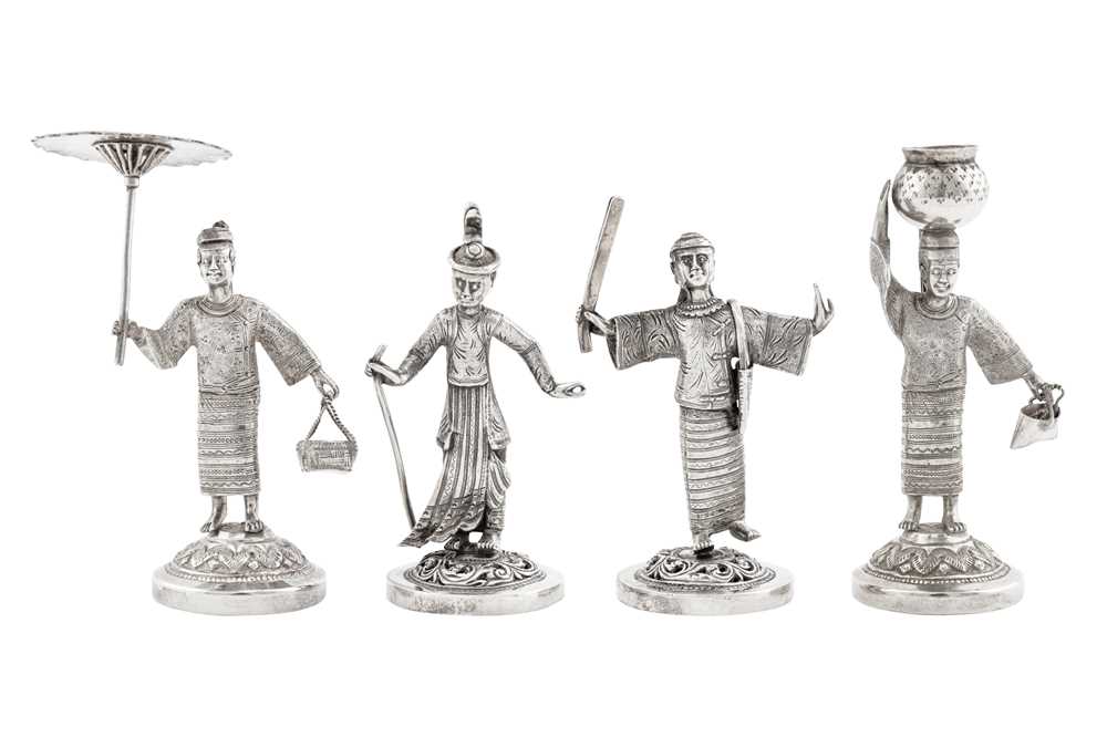 Two pairs of late 19th / early 20th century Burmese unmarked silver menu holders, Rangoon circa 1900