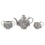 A late 19th / early 20th century Anglo – Indian unmarked silver three-piece tea service, Lucknow cir