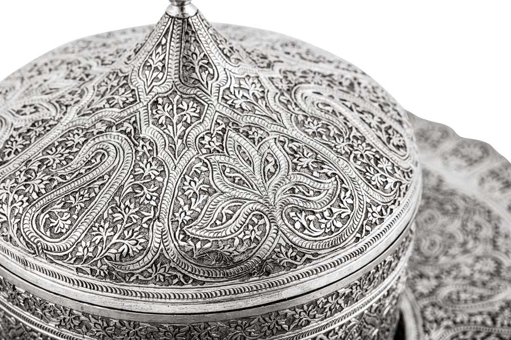 A rare mid to late 19th century Anglo - Indian silver butter dish on stand, Kashmir circa 1870 - Image 6 of 8