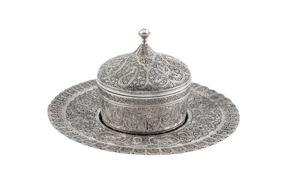 A rare mid to late 19th century Anglo - Indian silver butter dish on stand, Kashmir circa 1870 - Image 2 of 8