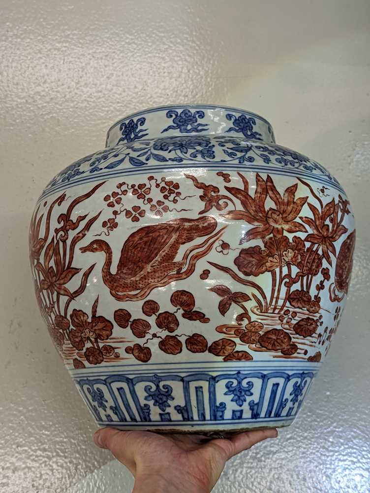 A CHINESE COPPER RED-ENAMELLED BLUE AND WHITE 'LOTUS POND' JAR 或為明 青花紅料蓮池罐 - Image 21 of 23