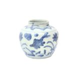 A SMALL CHINESE BLUE AND WHITE 'FISH AND LOTUS' JAR 明 青花蓮池魚藻紋罐