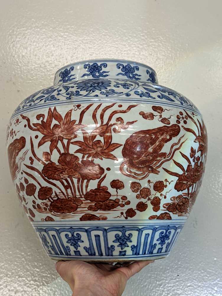 A CHINESE COPPER RED-ENAMELLED BLUE AND WHITE 'LOTUS POND' JAR 或為明 青花紅料蓮池罐 - Image 22 of 23