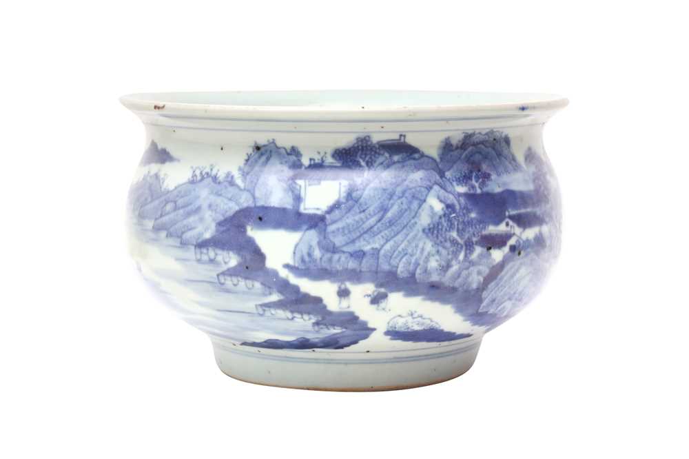 A CHINESE BLUE AND WHITE 'LANDSCAPE' JARDINIÈRE 十九或二十世紀 青花山水圖紋缸