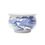 A CHINESE BLUE AND WHITE 'LANDSCAPE' JARDINIÈRE 十九或二十世紀 青花山水圖紋缸