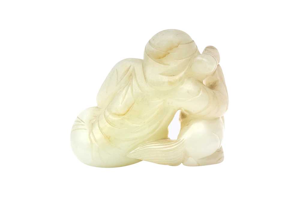 A CHINESE PALE CELADON JADE 'BOY AND DOG' FIGURE 二十世紀 青白玉雕童子戲犬擺件 - Image 2 of 8