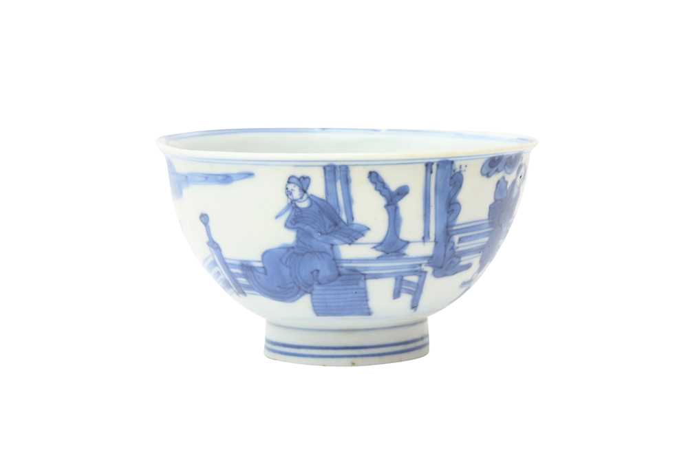 A SMALL CHINESE BLUE AND WHITE 'CASSIA' BOWL 晚明 青花加官晉爵圖盌 《大明宣德年製》款