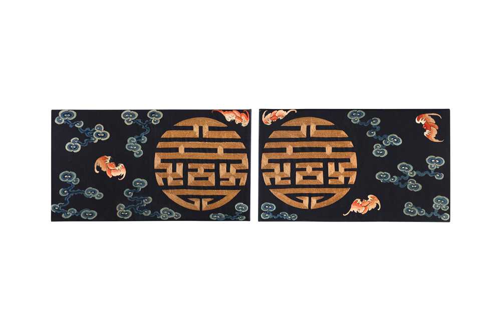 A PAIR OF CHINESE SILK EMBROIDERED 'WUFU SHOU' PANELS 清十九世紀中期 絲繡五福壽紋屏一對