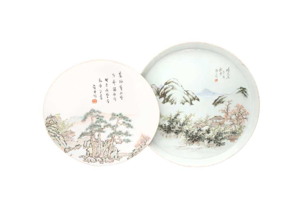 A CHINESE QIANJIANG-ENAMELLED PLAQUE AND A TRAY 晚清 俞子明畫淺絳彩瓷板及盤一組兩件