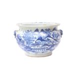 A CHINESE BLUE AND WHITE 'LANDSCAPE' JARDINIÈRE 清十九世紀 青花山水圖紋雙耳缸