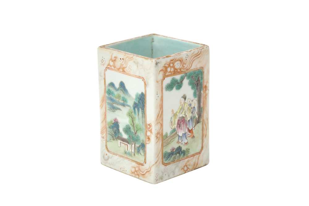 A CHINESE FAMILLE-ROSE SQUARE-SECTION BRUSH POT, BITONG 粉彩繪人物故事圖紋筆筒 《乾隆年製》款