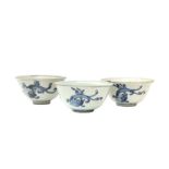 A SET OF THREE CHINESE BLUE AND WHITE 'CHILONG' BOWLS 明 青花螭龍紋盌一組三件