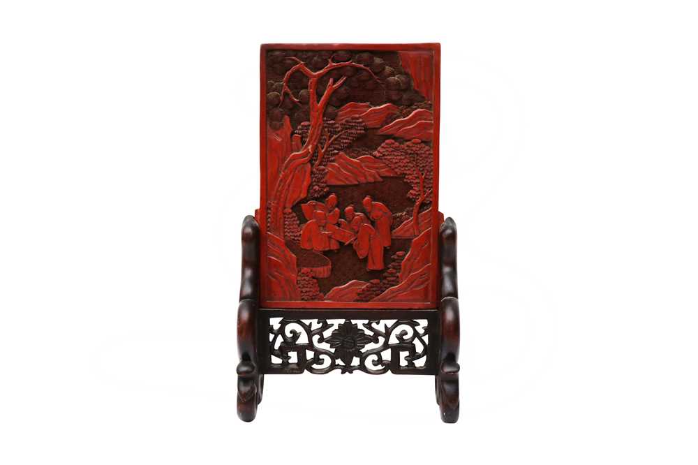 A CHINESE CINNABAR LACQUER 'SCHOLARS' TABLE SCREEN 清十九世紀 剔紅文人雅聚圖插屏