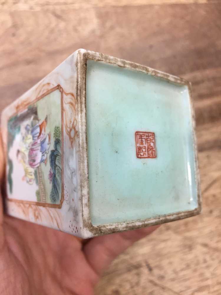 A CHINESE FAMILLE-ROSE SQUARE-SECTION BRUSH POT, BITONG 粉彩繪人物故事圖紋筆筒 《乾隆年製》款 - Image 9 of 9