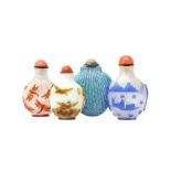 THREE CHINESE PEKING GLASS SNUFF BOTTLES AND A PORCELAIN SNUFF BOTTLE 二十世紀 套料鼻煙壺兩件及瓷鼻煙壺一件