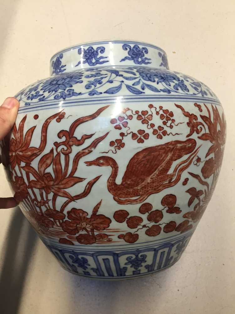 A CHINESE COPPER RED-ENAMELLED BLUE AND WHITE 'LOTUS POND' JAR 或為明 青花紅料蓮池罐 - Image 8 of 23