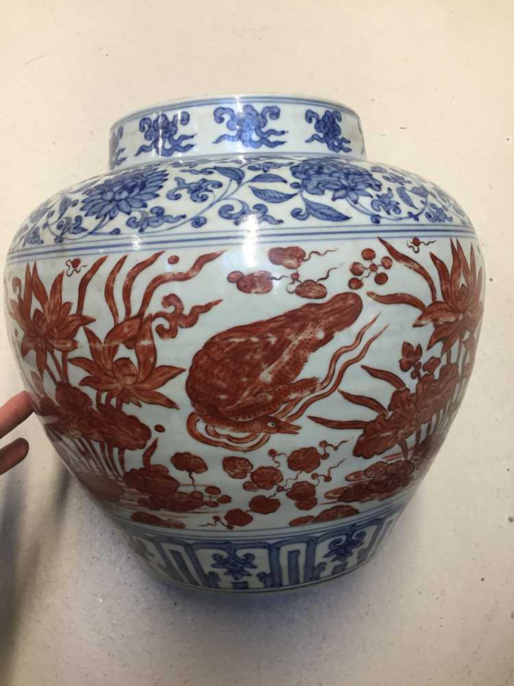 A CHINESE COPPER RED-ENAMELLED BLUE AND WHITE 'LOTUS POND' JAR 或為明 青花紅料蓮池罐 - Image 9 of 23