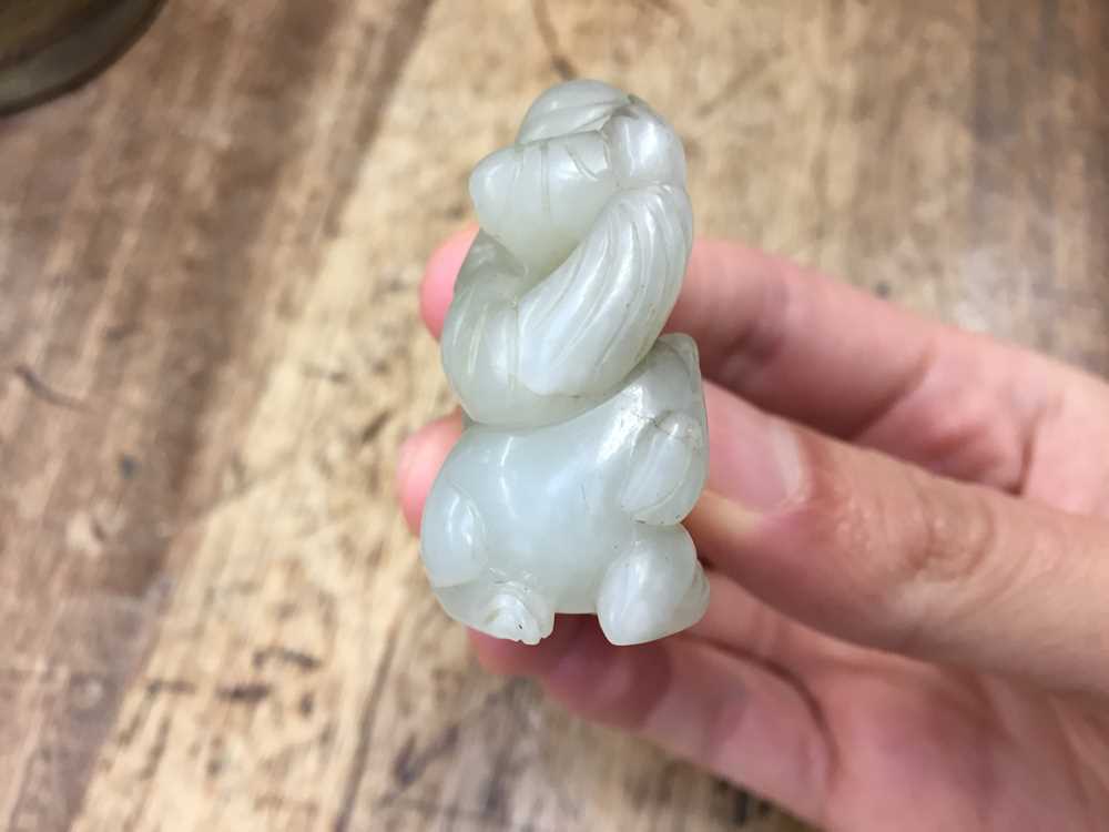 A CHINESE PALE CELADON JADE 'BOY AND DOG' FIGURE 二十世紀 青白玉雕童子戲犬擺件 - Image 5 of 8