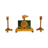 A RUSSIAN EMPIRE-STYLE MALACHITE MANTEL CLOCK AND GARNITURE