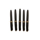 A GROUP OF FIVE BLACK PARKER DUOFOLD FOUNTAIN PENS