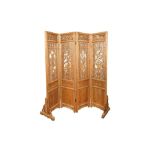 A 20TH CENTURY CHINESE OILED SOFTWOOD FOUR PANEL FOLDING SCREEN