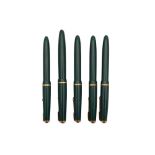 A GROUP OF FIVE GREEN PARKER SLIMFOLD FOUNTAIN PENS