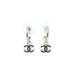 Chanel Black CC Drop Hoop Pierced Earrings