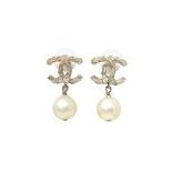 Chanel Ivory Pearl CC Drop Pierced Earrings