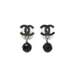 Chanel Black Crystal CC Drop Pierced Earrings
