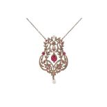 A tourmaline, ruby and diamond pendant necklace