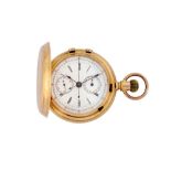 SWISS FULL HUNTER SPLIT-SECOND CHRONOGRAPH POCKET WATCH WITH CALENDAR. 14K YELLOW GOLD.