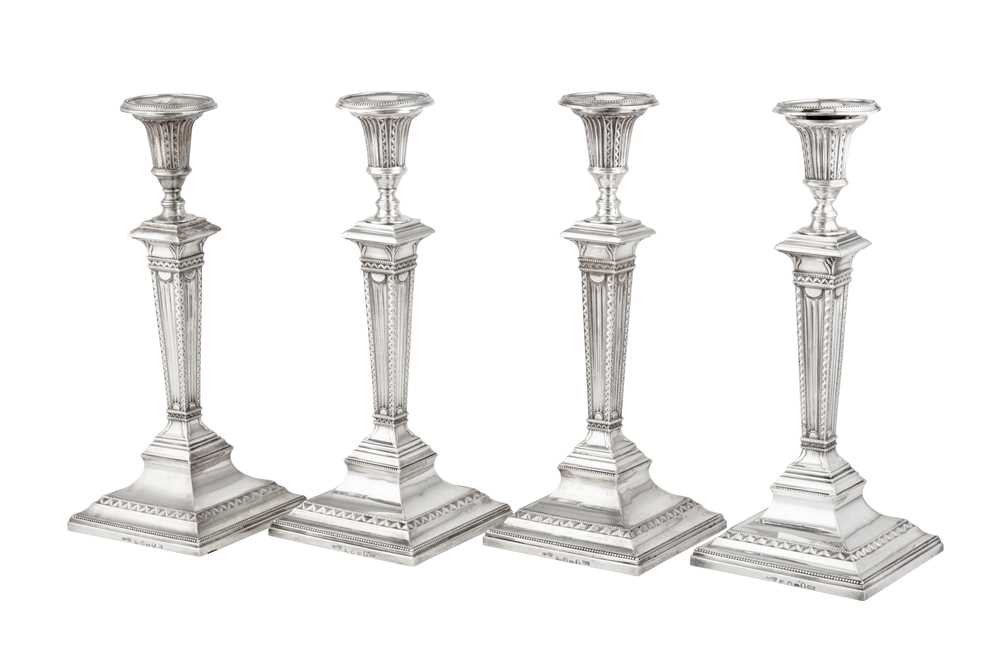 A set of four George III sterling silver candlesticks, Sheffield 1788 by Samuel Roberts and Co (prob