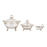 An assembled George III Old Sheffield Silver Plate soup tureen, sauce tureen and sauce boat set, cir