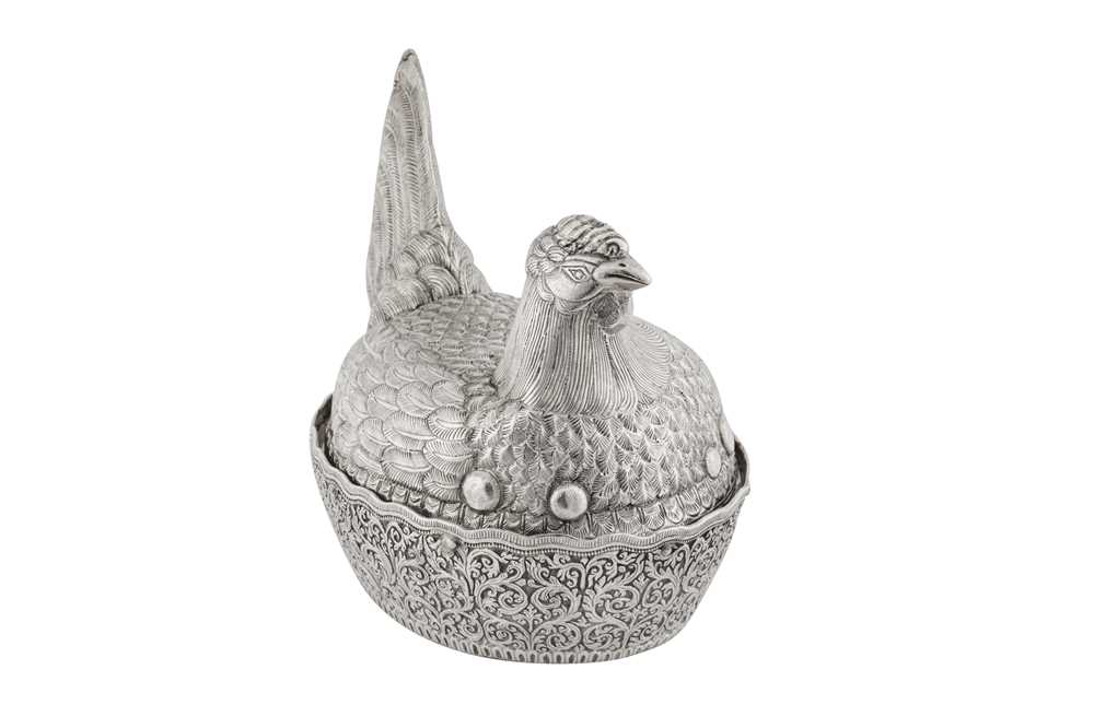 A rare early 20th century Burmese silver novelty 'hen on nest' egg cruet, Shan States dated 1904 - Image 2 of 7