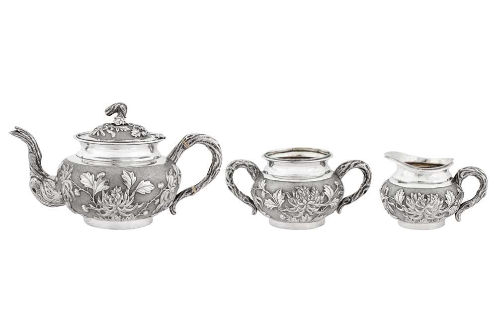 A late 19th / early 20th century Chinese Export silver three-piece tea service, Canton circa 1900 by - Image 2 of 6